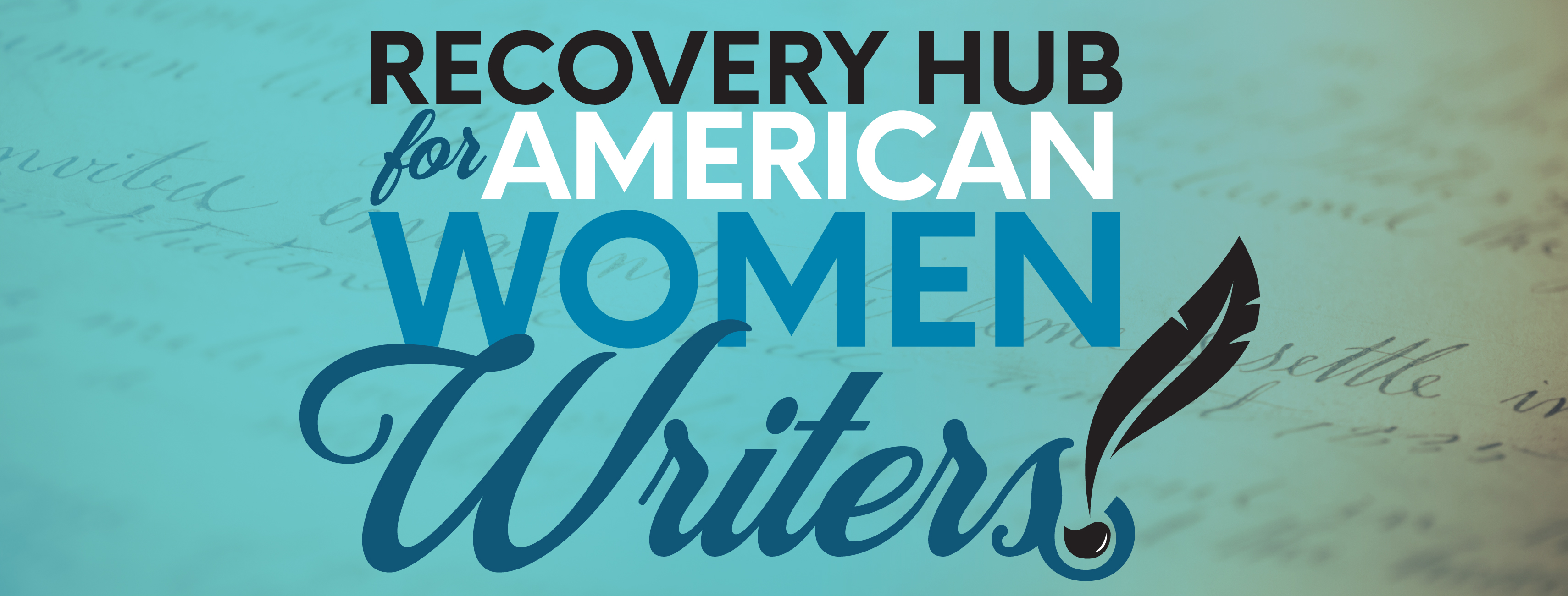 Recovery Hub of American Women Writers with quill icon and pages of a book in the background